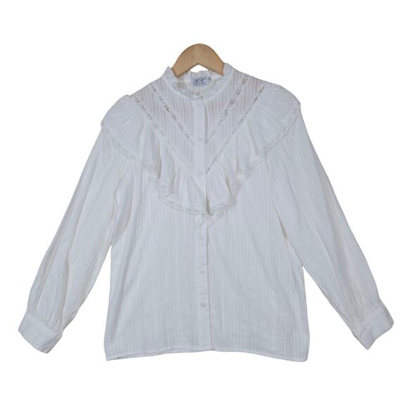 Anna Kay Top S White Button Front Long Sleeve Ruffle Lace Boho Prairie Romantic - Picture 1 of 16